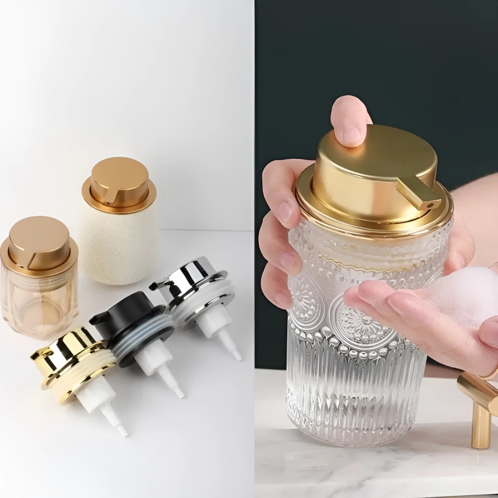 ABS plastic facial cleanser foam pump with large pump head in choice of metallic finishes