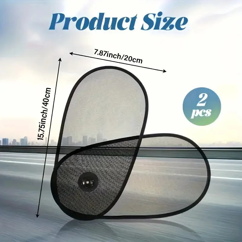 Black breathable car side window shade with suction cups stretched over a car window