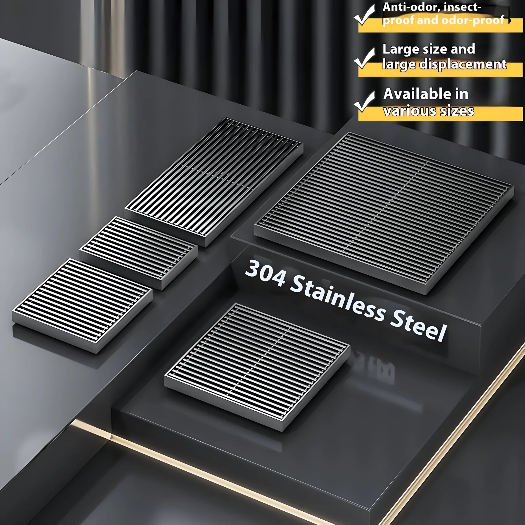 Gun grey 304 stainless steel courtyard floor drain with a 15x15cm ABS plastic core.