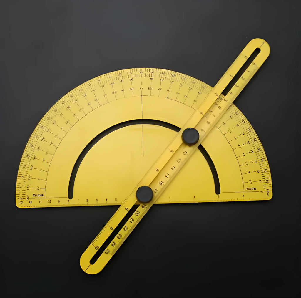 A white plastic angle measuring tool with a 30cm arm and 180 degree scale board on a wooden surface.