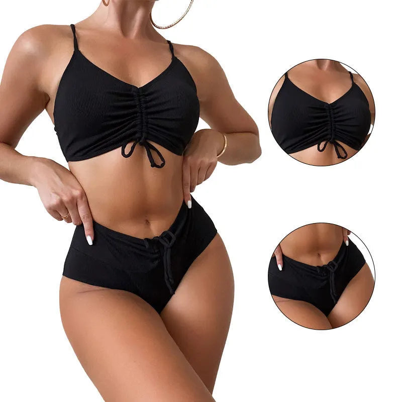 Black high-waisted women's bikini swimsuit with sling split design
