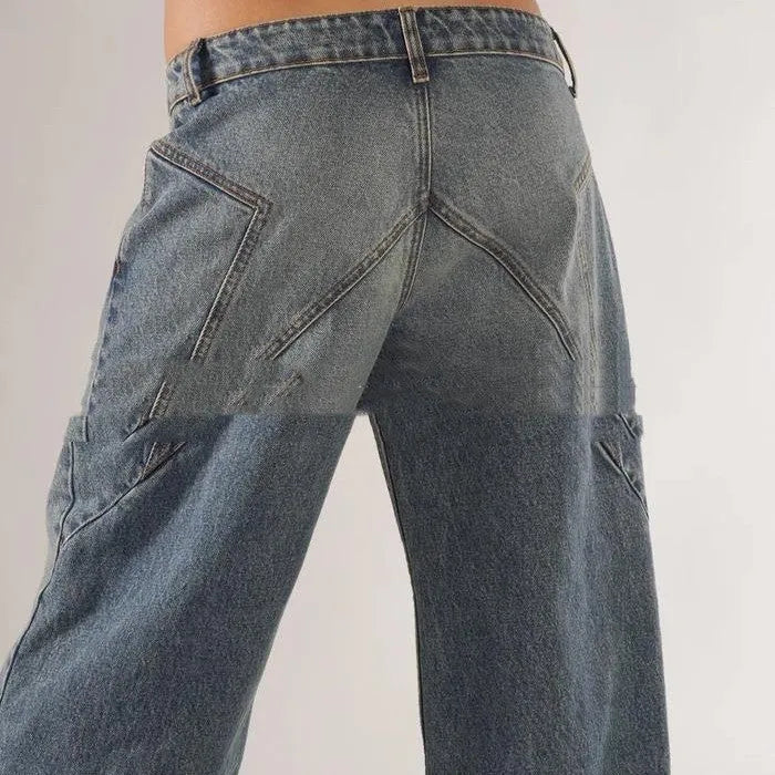 Women's loose fit cotton wide leg trousers in blue with low waist and splicing stitch detail.