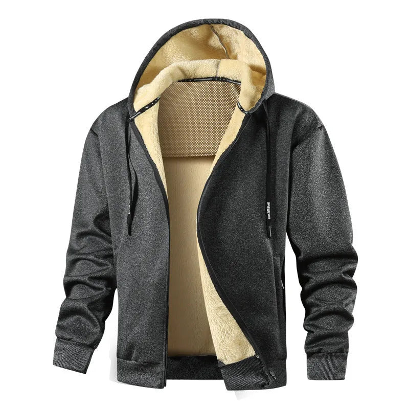 Men's hooded fleece-lined sweatshirt in black with side pockets, loose fit for casual winter wear
