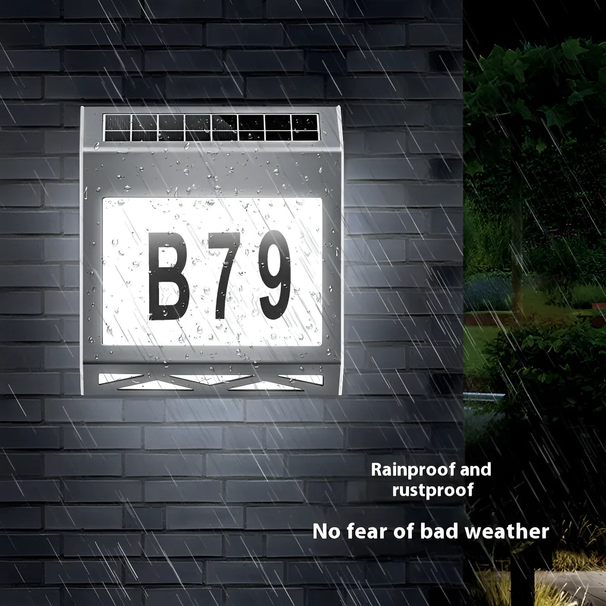 Black solar-powered doorplate light with LED digital numbers for outdoor house address illumination