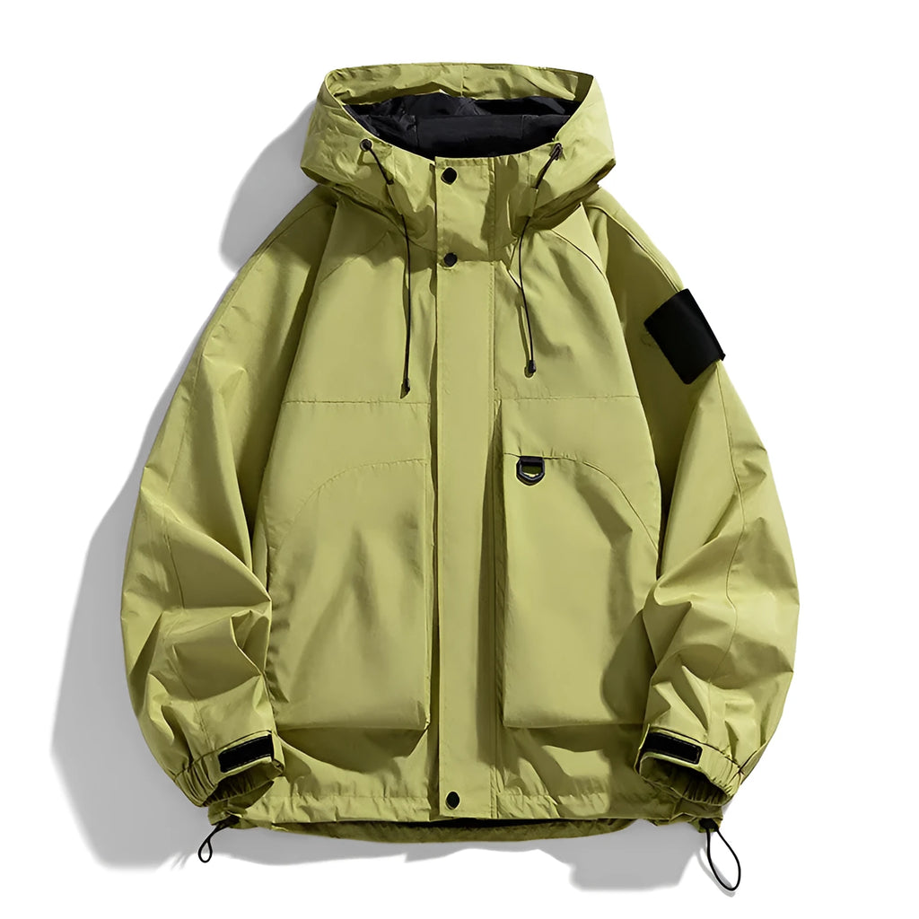 Men's black waterproof windproof hooded jacket with long sleeves on a size chart showing S to 8XL.