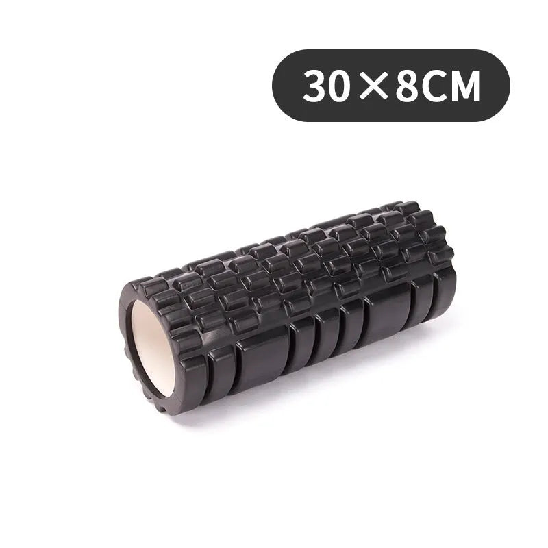 EVA foam roller for fitness in black, grey, pink, sky blue, or light purple, showing 30cm and 33cm diameter options.