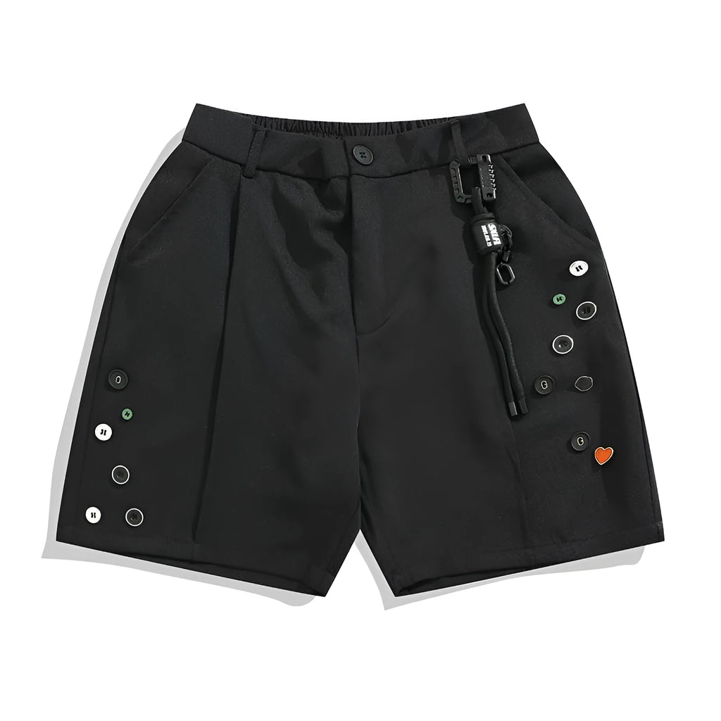 Men's black loose-fit casual shorts with a semi-elastic waistband, colour button, and zipper fly.