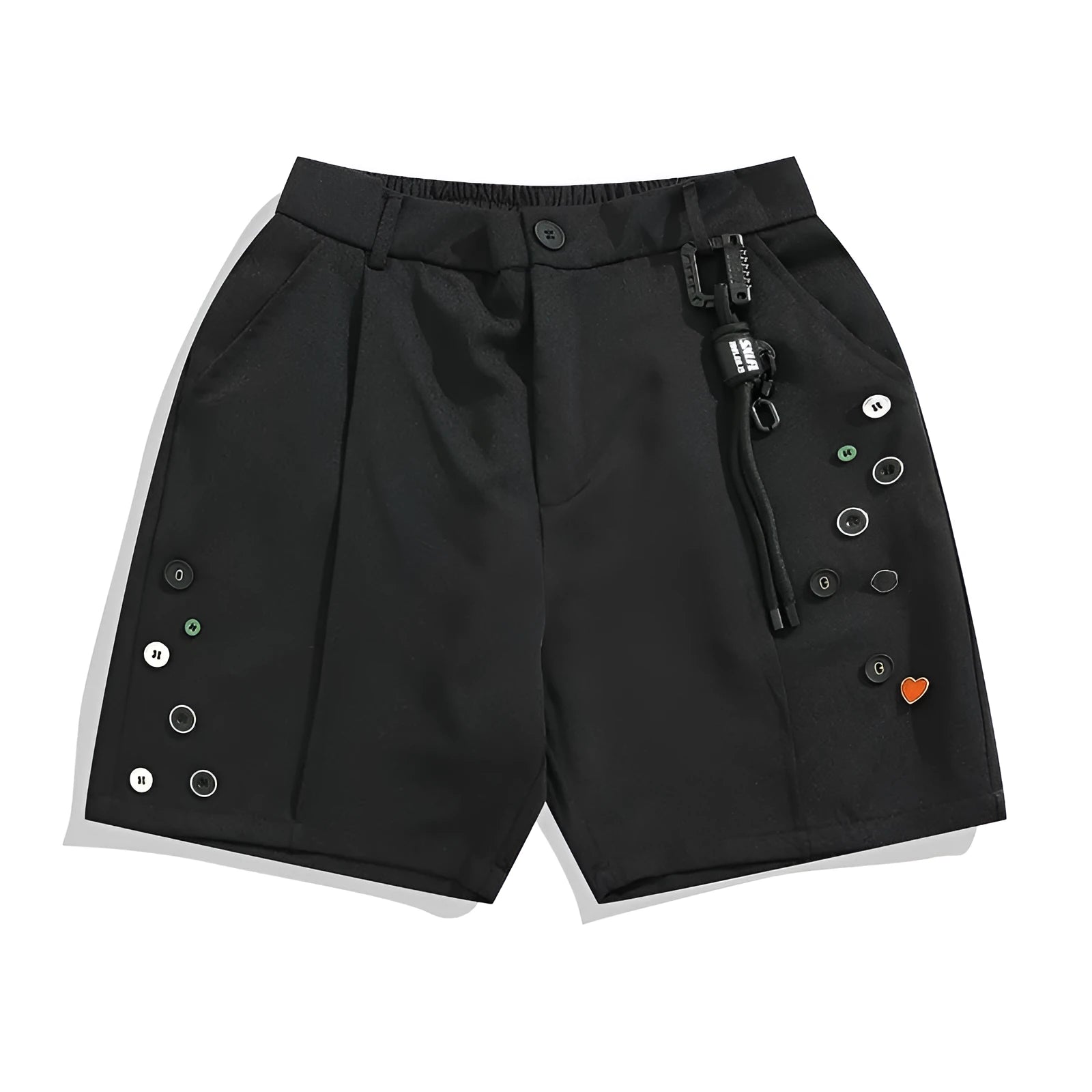 Men's black loose-fit casual shorts with a semi-elastic waistband, colour button, and zipper fly.
