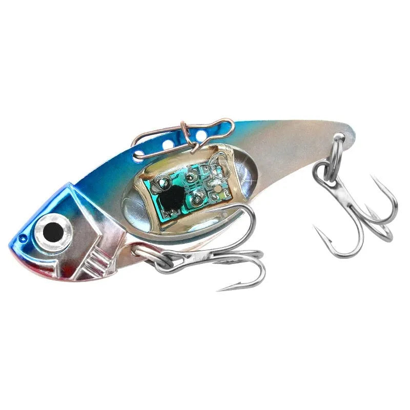 Luminous metal vib electronic fishing lure showing blue body and red body colour options