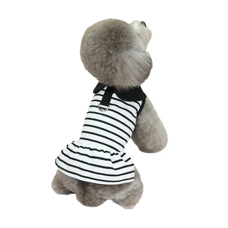 Pet dog wearing cotton summer stripes t-shirt and skirt set