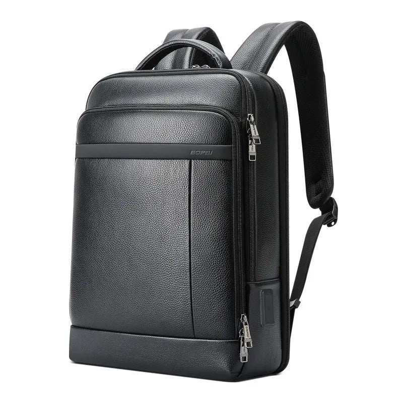 Black cowhide leather business backpack with USB charging port and curved shoulder straps