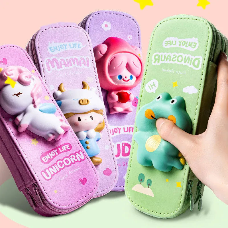 Square large-capacity EVA stationery box with Korean-style cartoon pattern in a colour option from green, pink purple, purple, or yellow