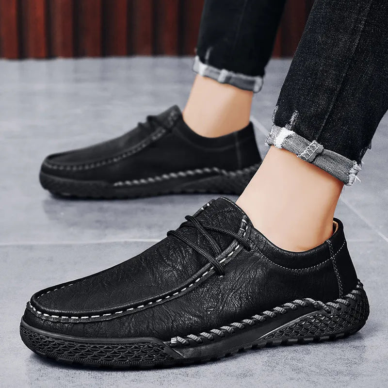 Men's genuine leather casual shoes in dark brown with front lace-up, round toe, and rubber sole