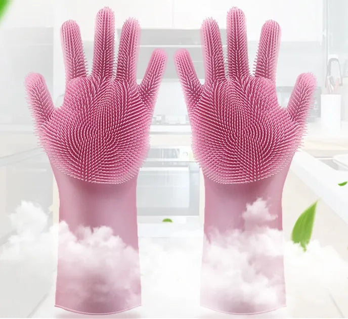 A pair of blue silicone cleaning gloves with a textured sponge-like surface for scrubbing.