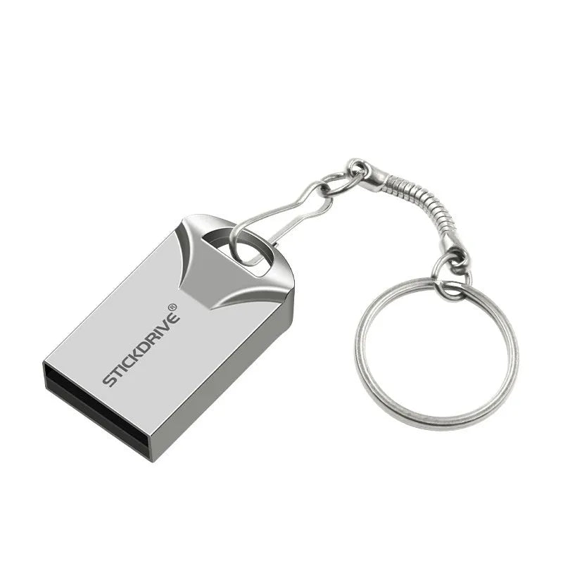 Metal USB drive with chain attachment showing lightning pattern design in black