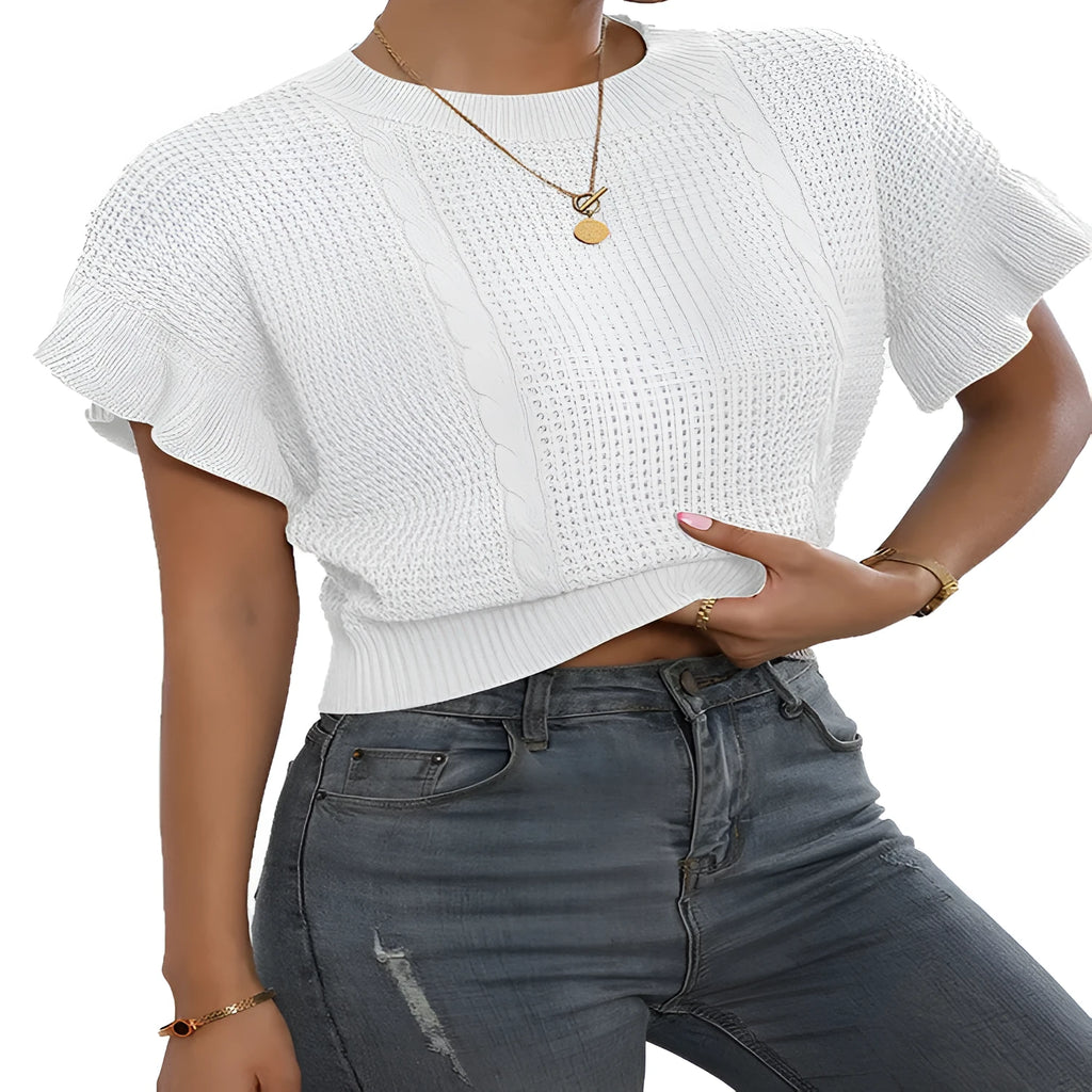 Women's loose fit knitted pullover with twisted string ruffled short sleeves in black colour