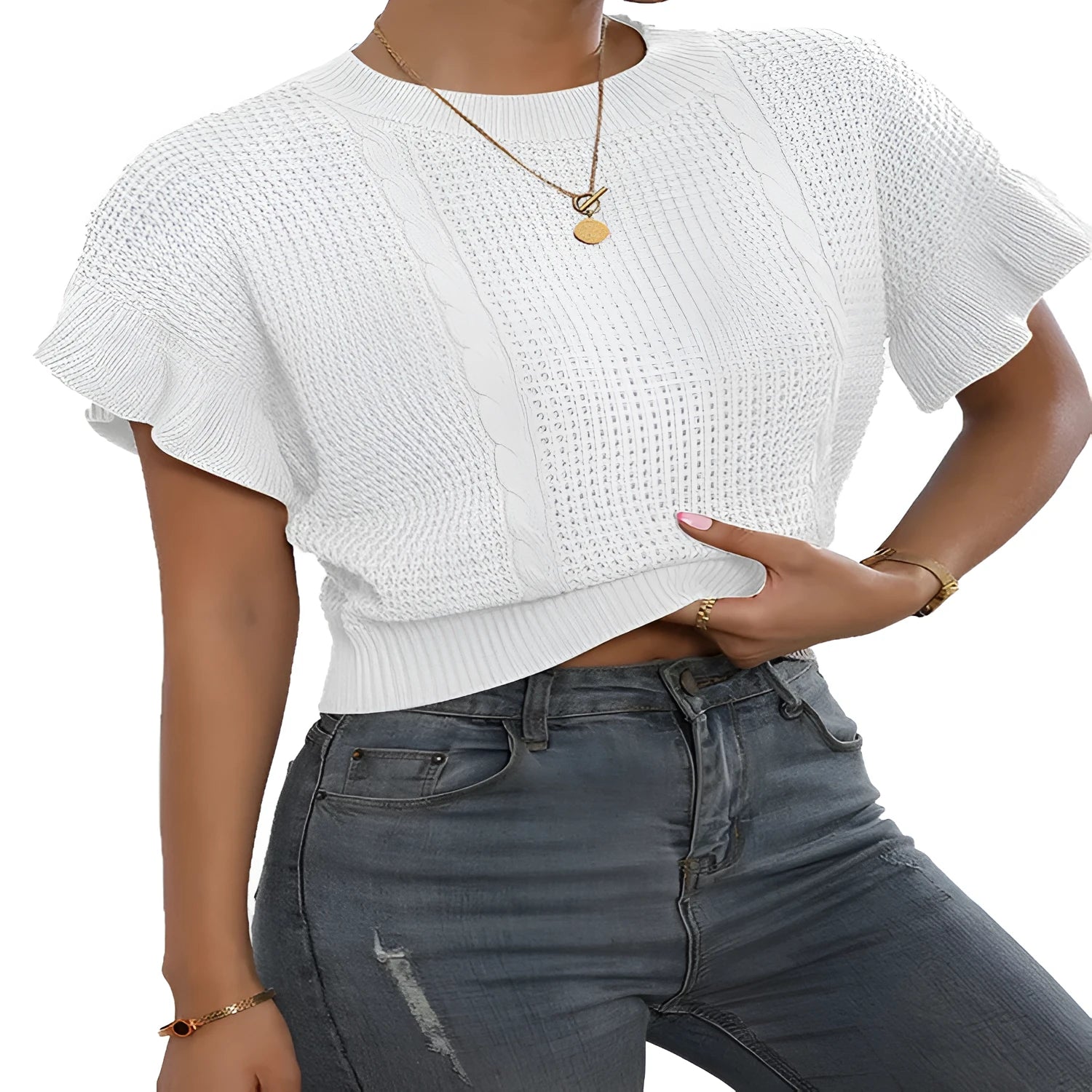 Women's loose fit knitted pullover with twisted string ruffled short sleeves in black colour