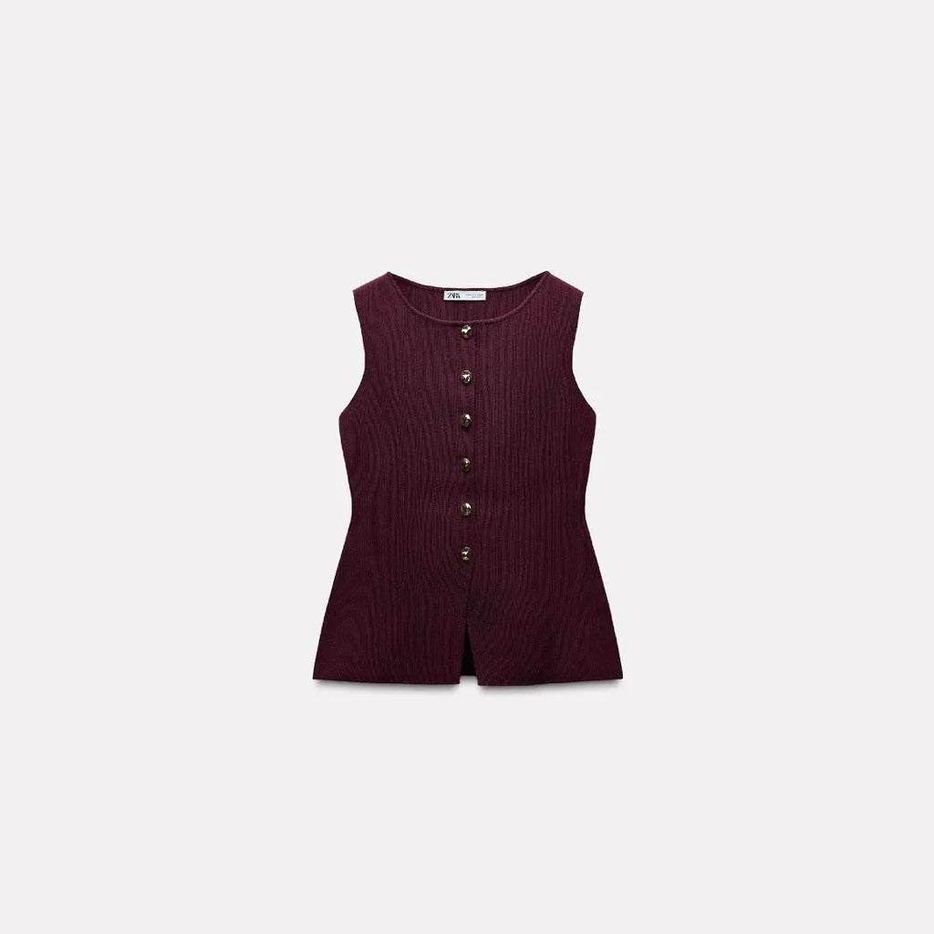 Women's dark red slim fit viscose vest cardigan with 3D textured pattern