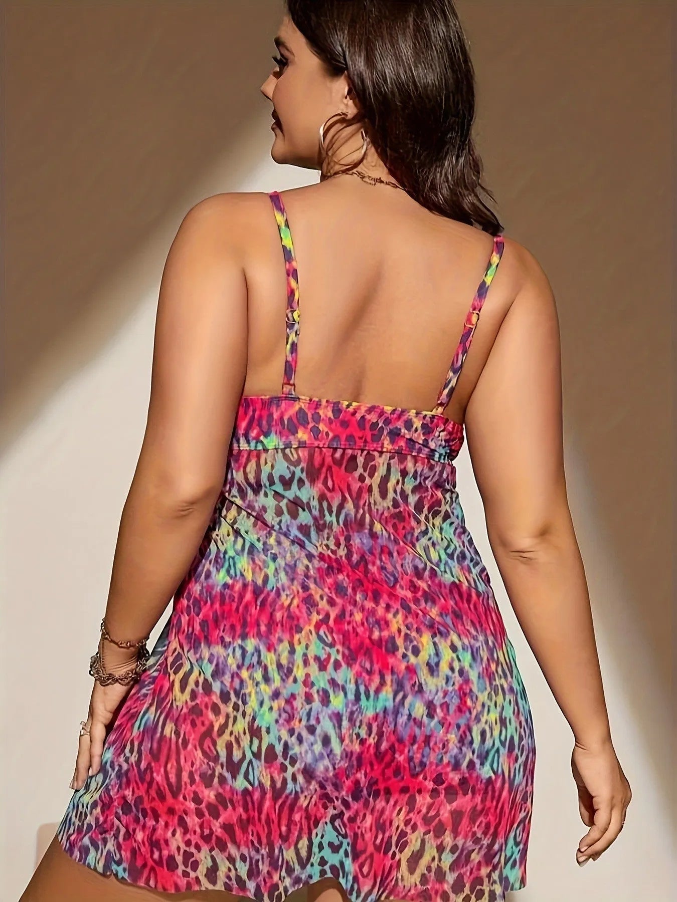 Plus size women's two-piece bikini set with split hem skirt in blue colour