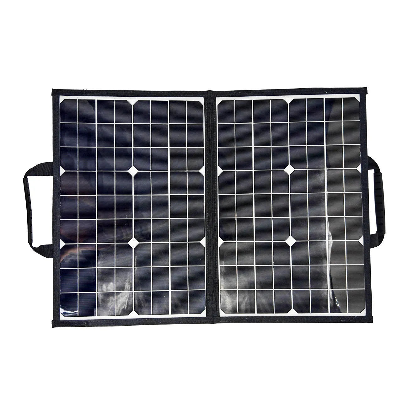 Black folding solar charger bag with 40W single crystal panels for portable outdoor power