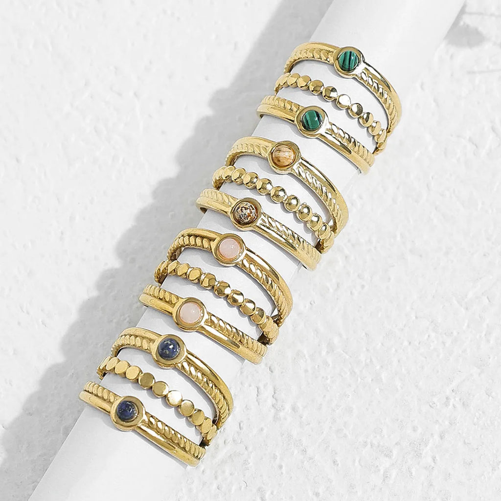 Natural stone multi-layer open ring in 304 stainless steel gold plated adjustable size geometric twist palace style unisex