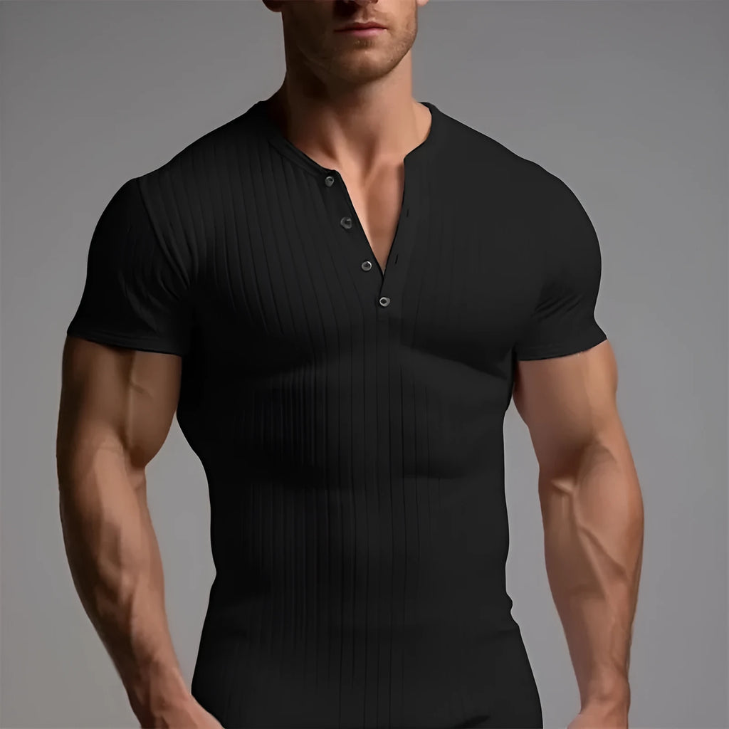 Men's slim-fit short-sleeved sports t-shirt in polyester on a hanger, shown in Army Green colour.