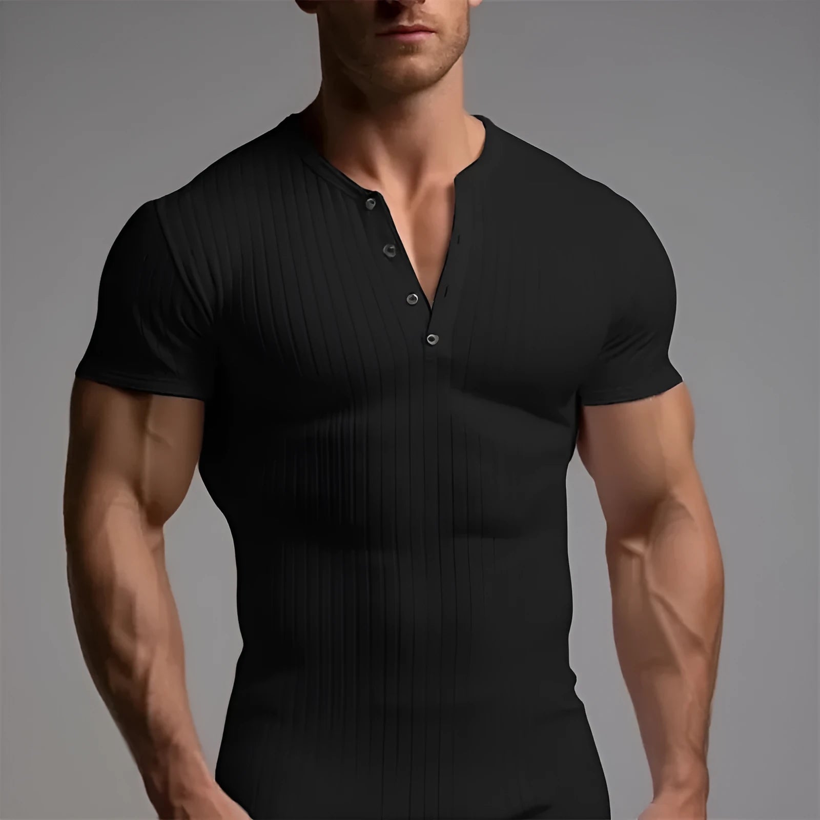 Men's slim-fit short-sleeved sports t-shirt in polyester on a hanger, shown in Army Green colour.