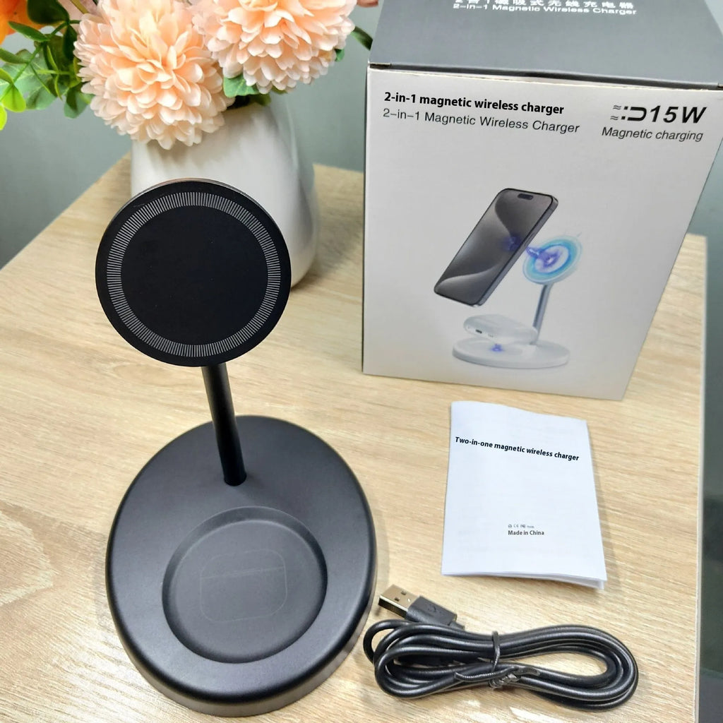 30W vertical wireless charger stand with cooling hole, white colour, holding a smartphone
