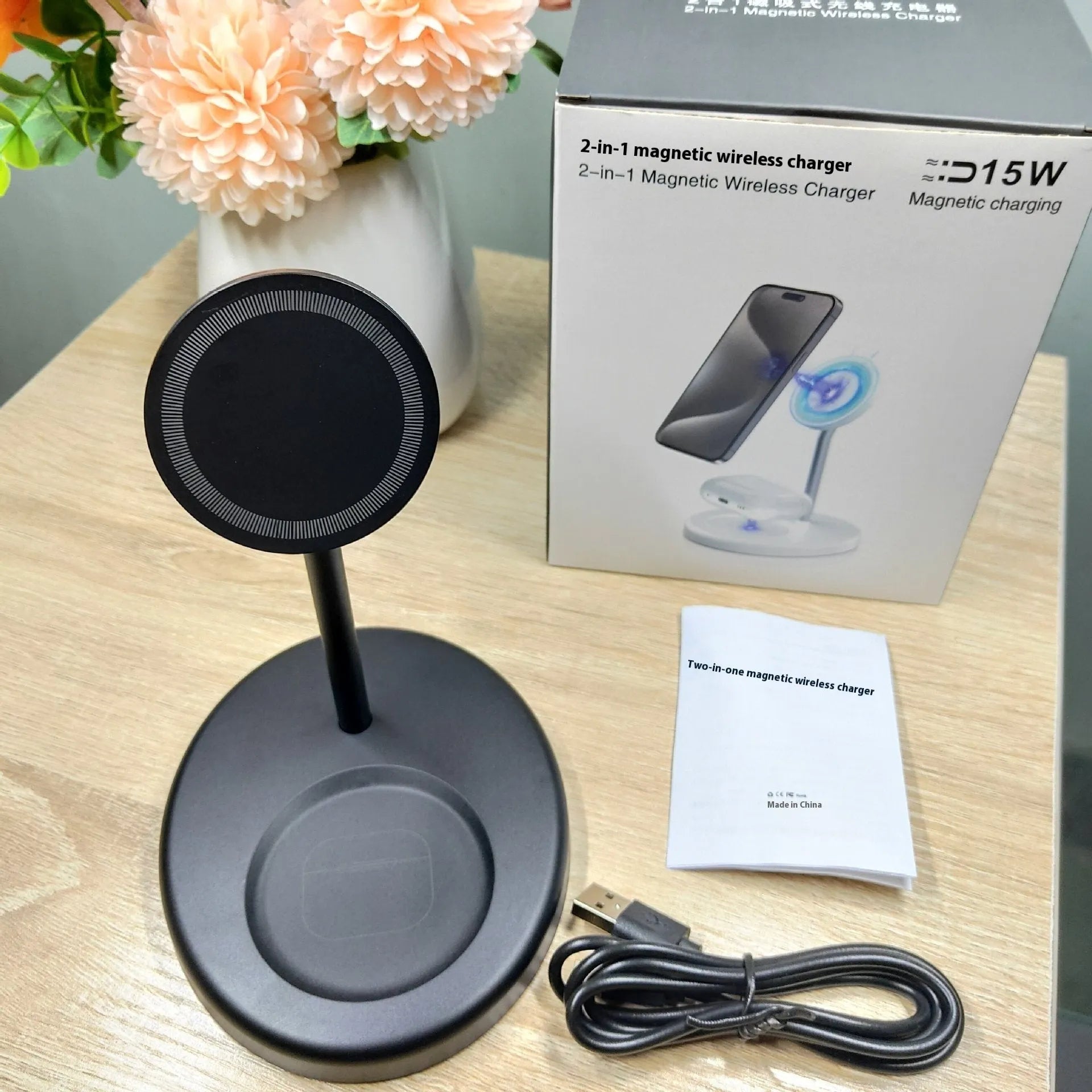 30W vertical wireless charger stand with cooling hole, white colour, holding a smartphone