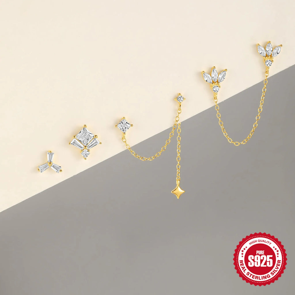 Golden geometric sterling silver double ear piercing chain stud earrings with zircon inlay