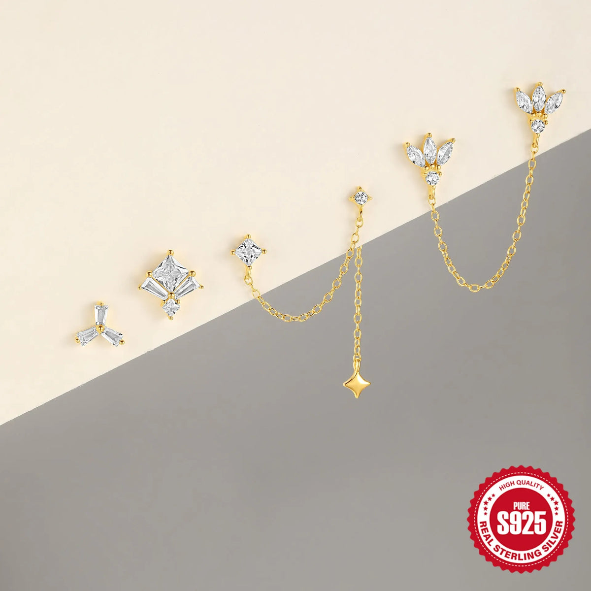Golden geometric sterling silver double ear piercing chain stud earrings with zircon inlay