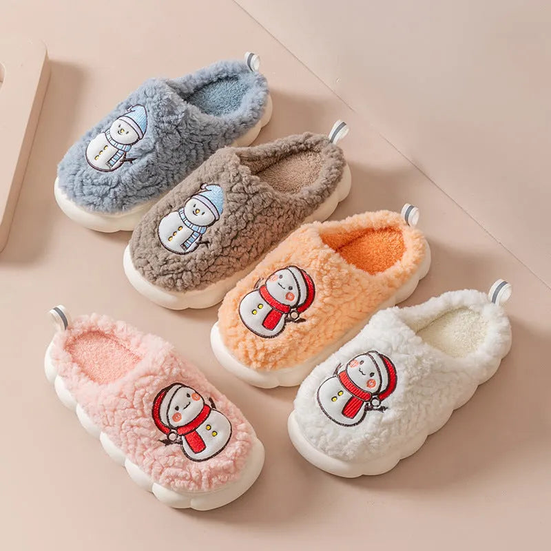 Cute snowman winter slippers in plush material with thick anti-slip PVC sole on indoor floor