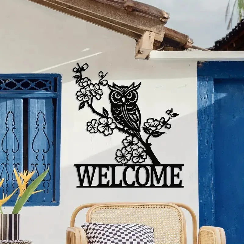 Metal silhouette welcome board for courtyard door with hummingbird design, wall-mounted wrought iron style