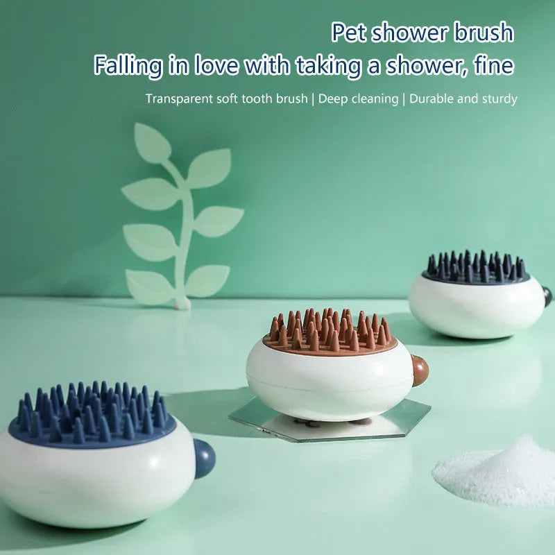 Panda-shaped silicone pet bath brush with soft bristles for cleaning cats and dogs.
