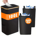 Black bamboo storage basket with a removable lid, side ventilation holes, and two inner pockets.