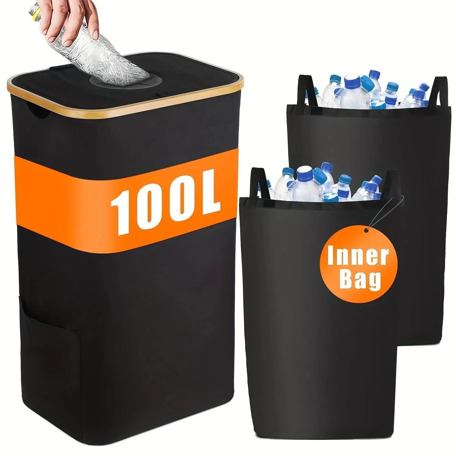 Black bamboo storage basket with a removable lid, side ventilation holes, and two inner pockets.