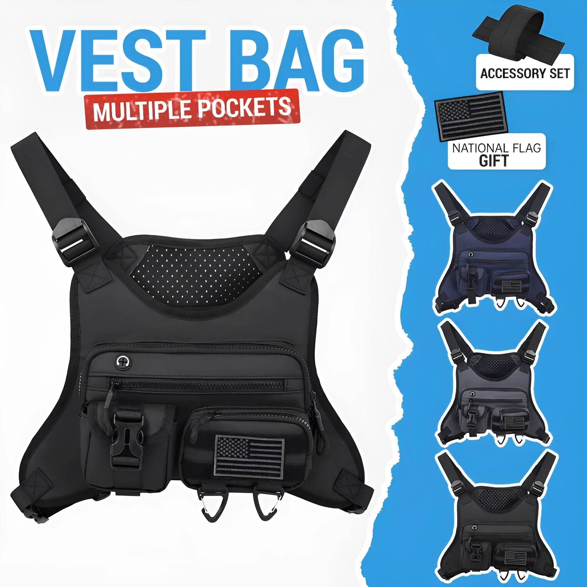 Oxford cloth outdoor sports chest bag in black colour with sewing line detailing and breathable vest design