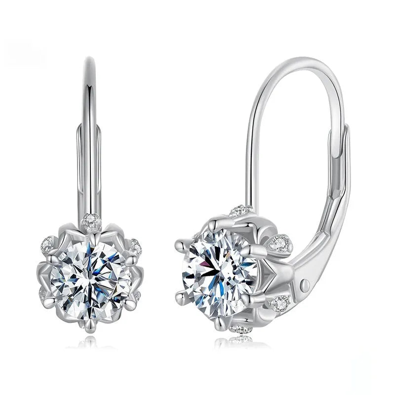 Sterling silver flower bud clip earrings with moissanite centre stone and white gold plating