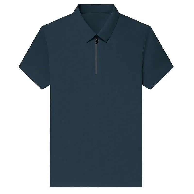 Men's half-zip seamless polo shirt in solid colour showing short sleeves and zip front, lightweight summer fabric
