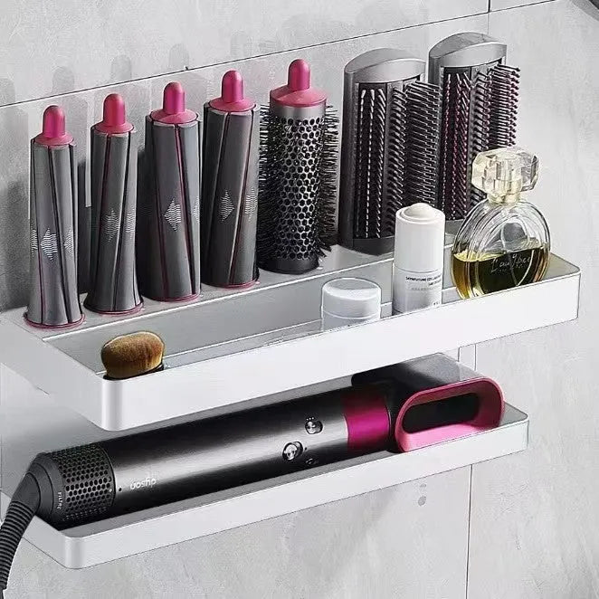 White double-layer aluminium bathroom storage rack holding hair curlers with punch-free installation
