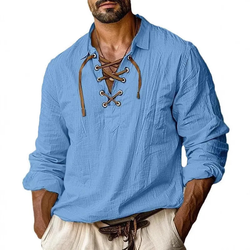 Men's plus size loose-fit linen shirt with lapel collar and lace detailing in solid colours