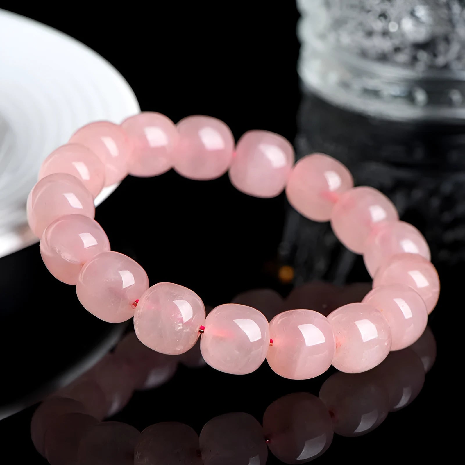 Natural crystal barrel bead bracelet with pink 8-10mm geometric beads