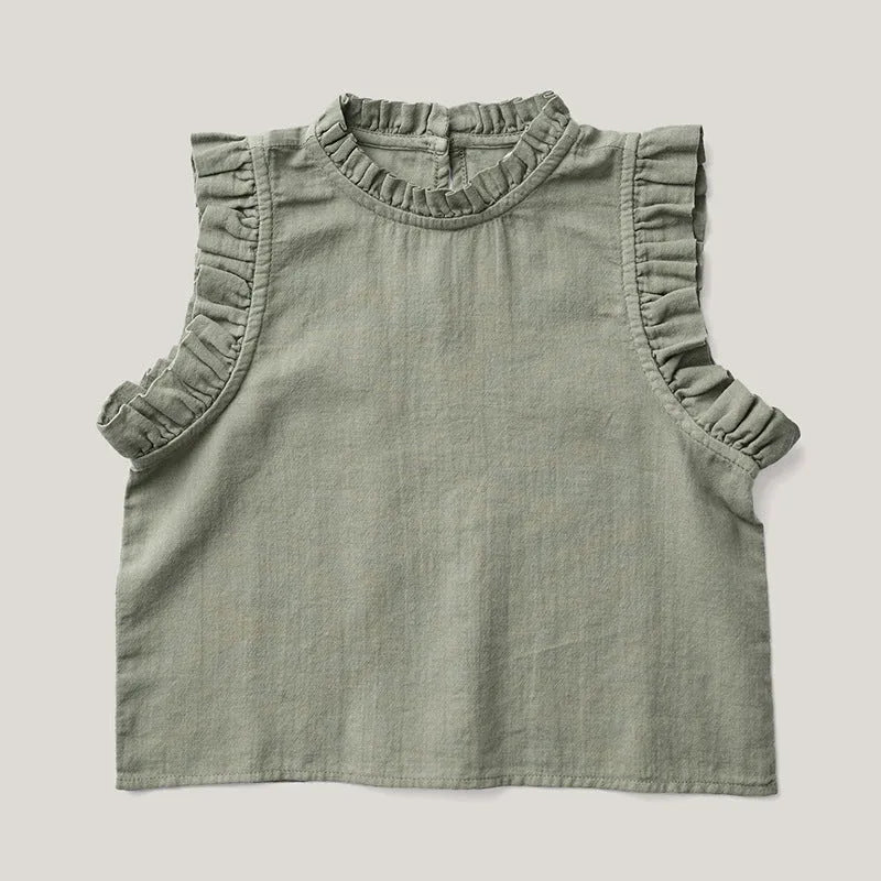 Girls cotton linen solid colour sleeveless T-shirt with wooden ear detail in beige