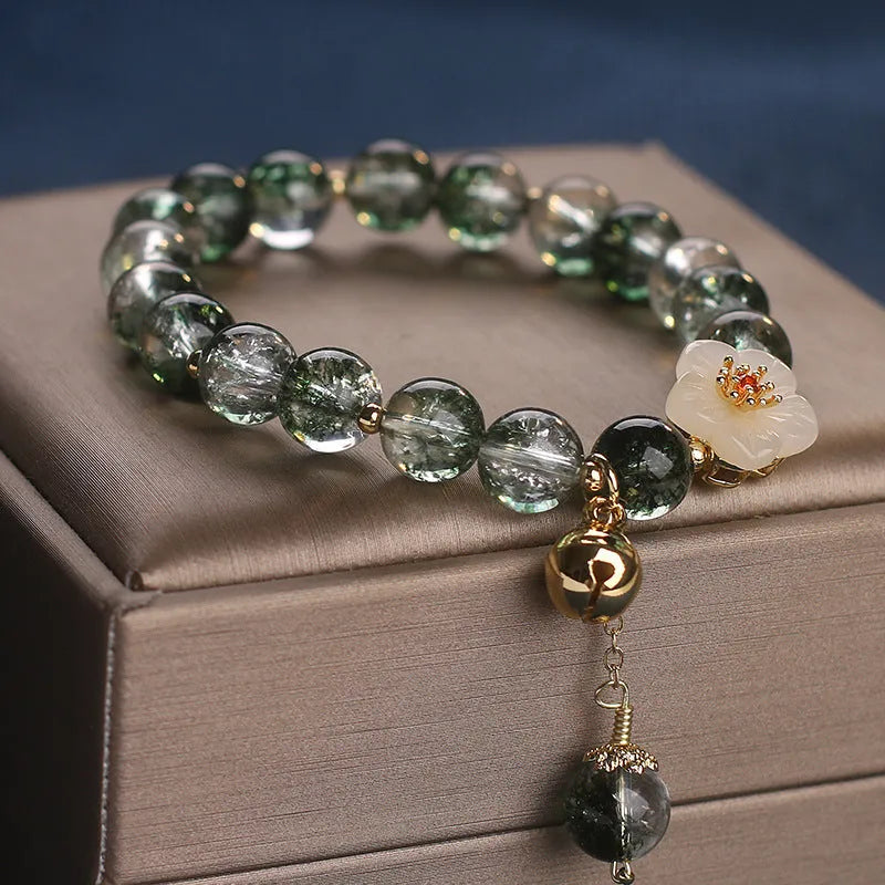 Green Phantom Quartz Crystal Bracelet Light Luxury Women's White Jade Flower Beaded Bracelet 17cm Length New Year Style Crystal Stone Jewellery