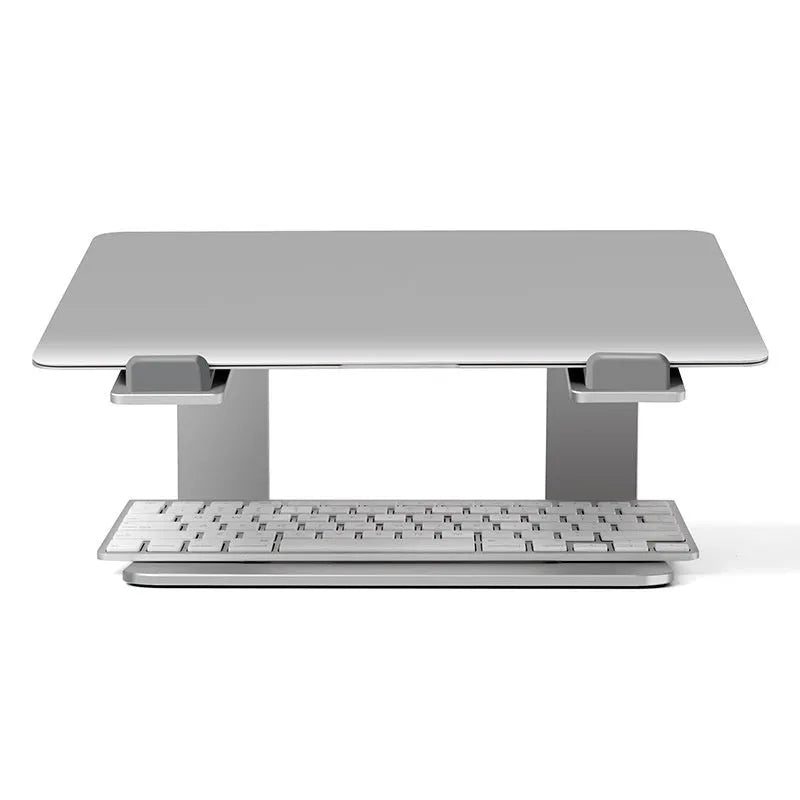 Black aluminium alloy laptop stand on a desk, showing its wide base plate and elevated height.