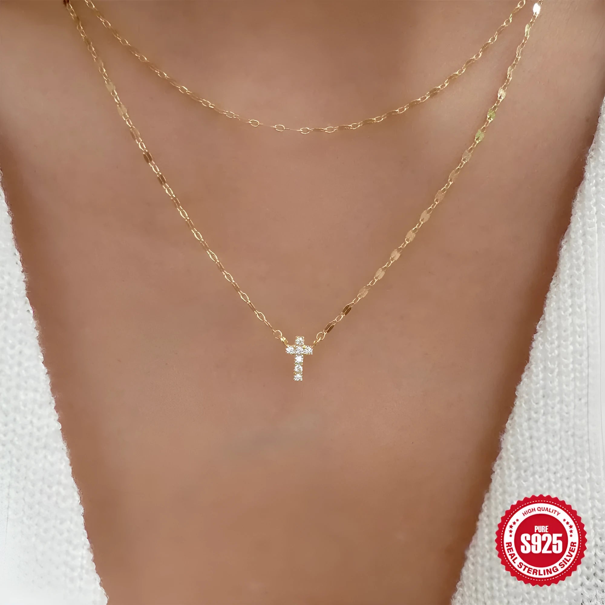 S925 sterling silver double layer twin diamond cross necklace on a clavicle chain.