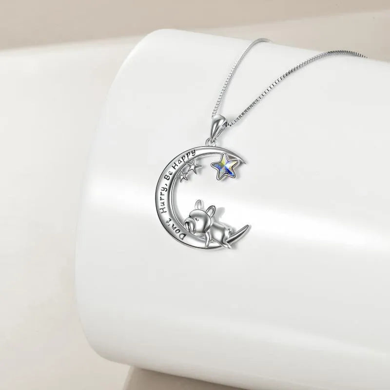 Sterling silver French bulldog moon pendant necklace on box chain with crystal stone