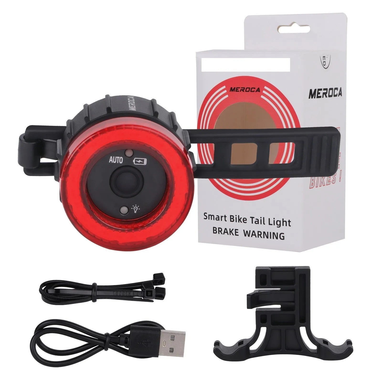 Black intelligent bicycle brake taillight with aluminum alloy frame and seat tube bracket.