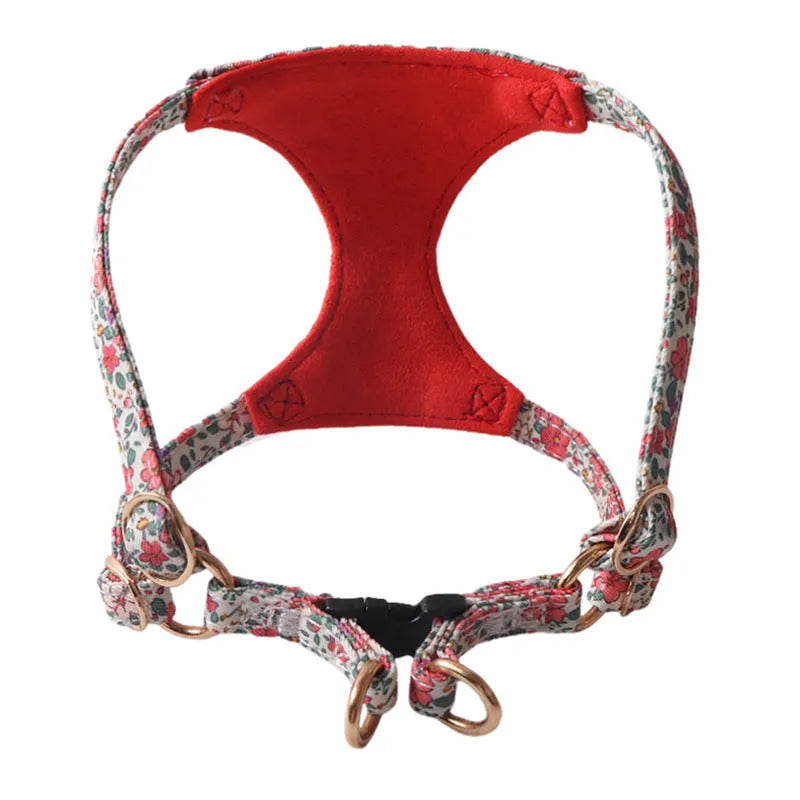 Floral dog harness and leash set in cloth material with single chest back design