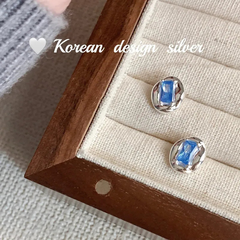 S925 sterling silver oval blue diamond heart-wrapped earrings silver colour geometric shape